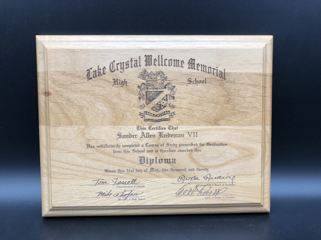 Laser engraved Diploma