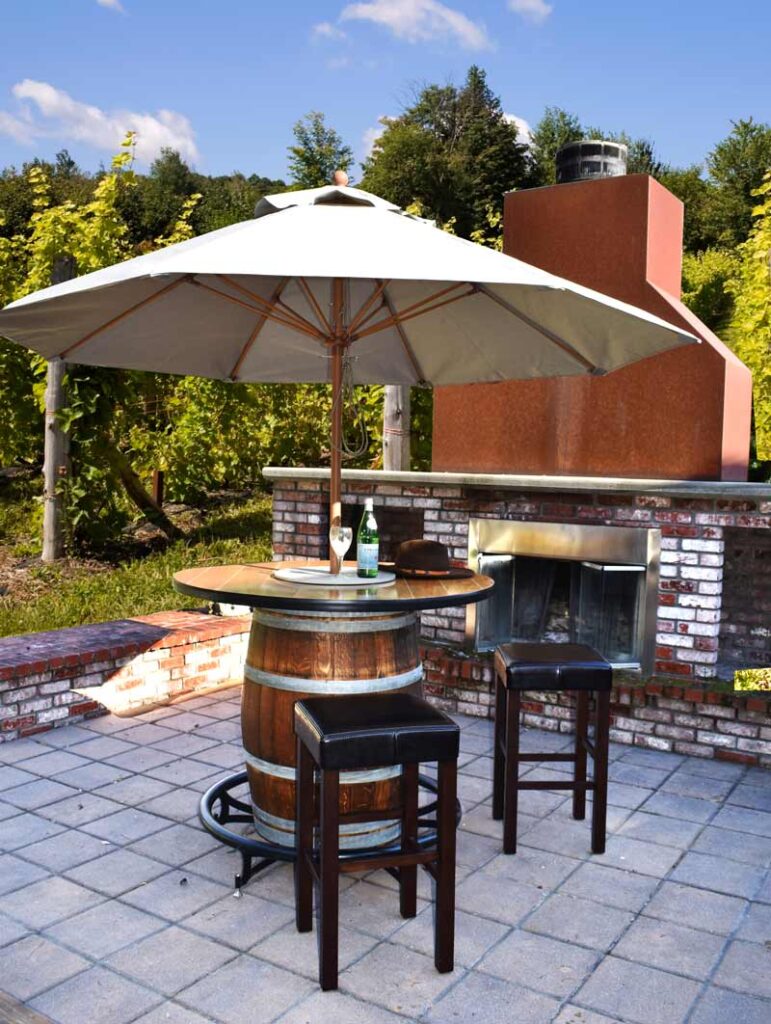 Wine barrel patio table in backyard